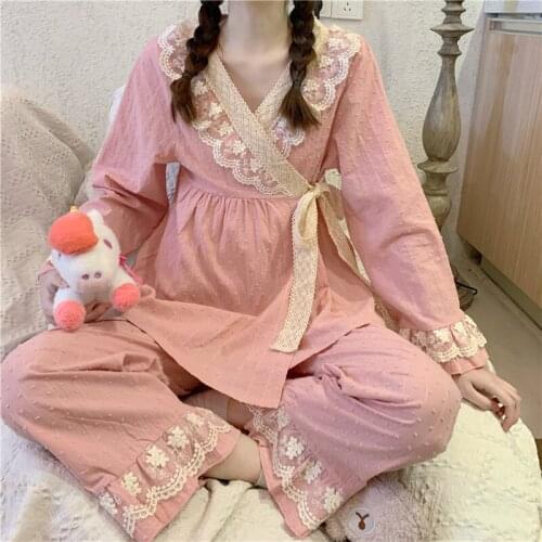 Sweet lacework long sleeve homewear two piece set embroidery loose pullovers pants home clothes ladies pyjama set L418