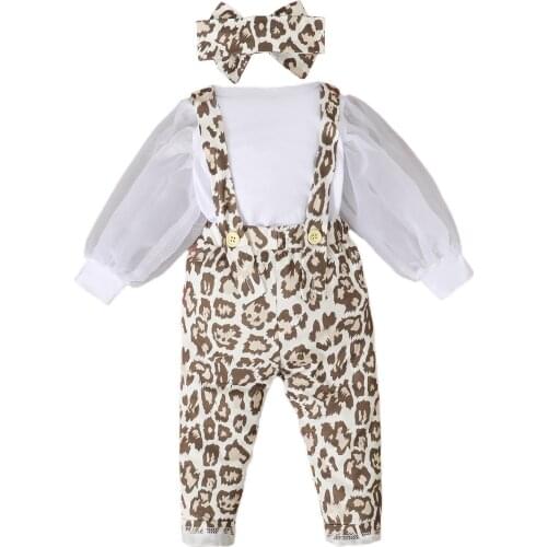 2021 0-5Y Toddler Girls Fashion Clothes Set Lace Long Puff Sleeve Solid Color Tops Blouse+Leopard Print Bow Suspender Pants 3pcs