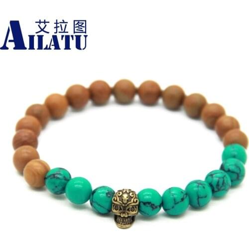 Ailatu Fashion Natural 8mm Wood Grain Stone and Antique Bronze Trendy Skull Bracelet Women Pulseras Hombre Bracciali