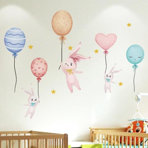 [shijuekongjian] Colorfull Balloons Wall Stickers DIY Cartoon Rabbits Animals Wall Decals for Kids Rooms Baby Bedroom Decoration