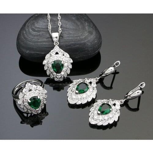 Bridal 925 Sterling Silver Jewelry Sets For Women Green Cubic Zirconia White Crystal Earrings Pendant Ring Necklace