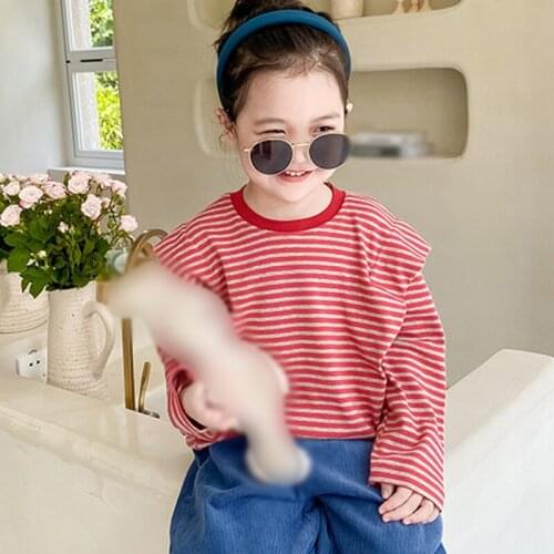 Autumn Girls' Korean Style Personality Fly-sleeve Striped Bottoming Shirt Design Sense round Neck Sweater Long-sleeved Top