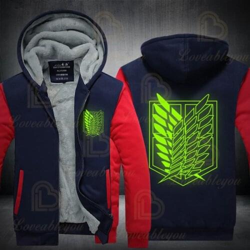 Anime Luminous Attack On Titan Print Men Hoodies Winter Thick Warm Zipper Hooded Coat Sportwear Streetwear Sweatshirts Plus Size