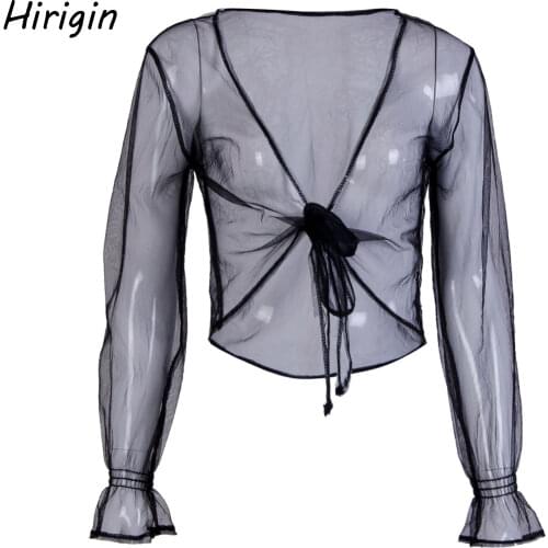 Women Top sexy black Mesh Sheer See through Crop Top Long Sleeve front lace up Transparent Shirt Tee Tops for summer cover-up