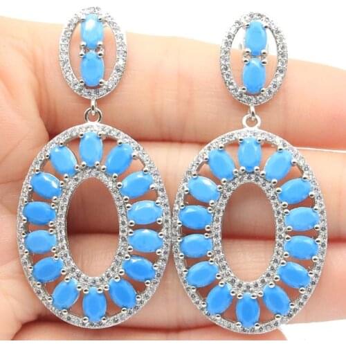 55x26mm Delicate Fine Cut Created Long Blue Turquoise London Blue Topaz CZ For Ladies Wedding Silver Earrings