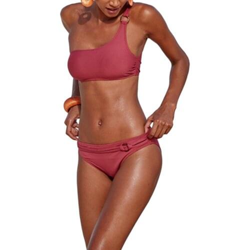 Women Swimwear Bikini Set Solid One Shoulder Padded Bra+Low Waist Briefs Swimsuits for Female Beach Bathing Bikini Set 3 Colors