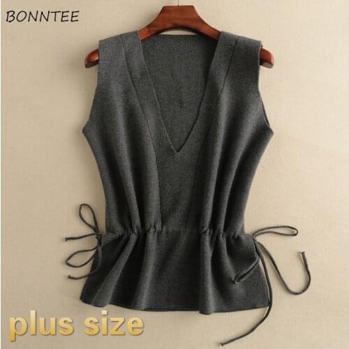 Sweater Vest Women Lace-up V-neck Knitting Sleeveless Outwear Plus Size Korean Chic Elegant Vintage Autumn Womens Trendy Leisure