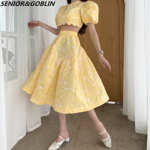 2021 New Summer Womens 2 Piece Two-Piece Set Yellow Jacquard Puff Sleeve Short Sleeve Crop Top+Long Big Swing Skirt Set Outfits