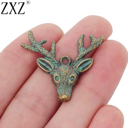 ZXZ 10pcs Green Verdigris Patina Reindeer Deer Animal Charms Pendants for Necklace Jewelry Making Findings 36x32mm