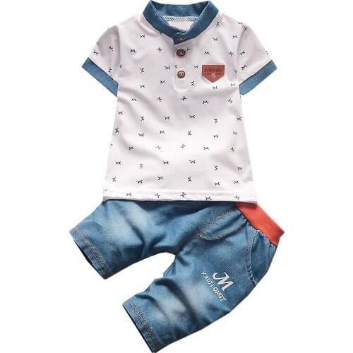 20021 New Summer Boy Clothes Two-piece Cartoon Print Short-sleeved T-shirt Shirt + Half-length Jeans 1-4 Age