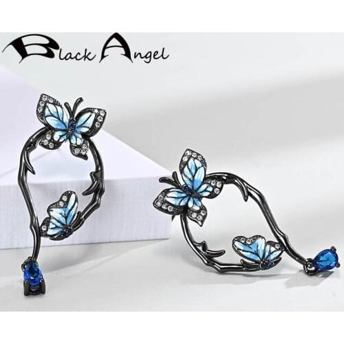BLACK ANGEL Blue Enamel Two Cute Dancing Butterfly 925 Silver Sapphire CZ Stud Earrings For Women Wedding Jewelry Dropshipping