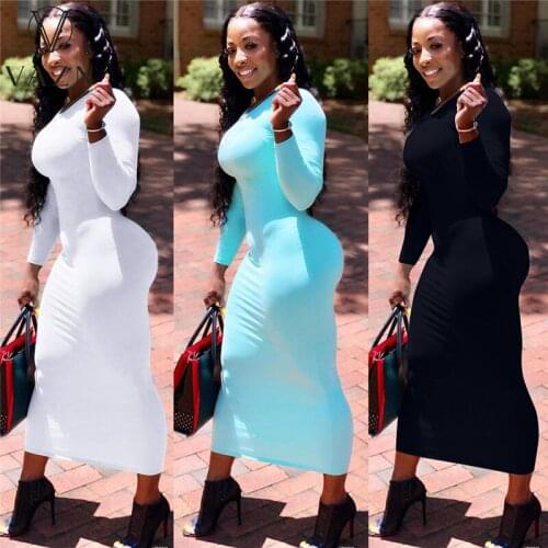 VAZN 2021 Early Autumn Solid Plus Size Sexy Office Lady Long Dress Sexy Young Full Sleeve Soft Young Women For Evening Robe