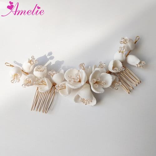 Handmade White Ceramic Flower Bridal Hair Comb Wedding Accessories Jewelry Women Headpiece Hair Ornament