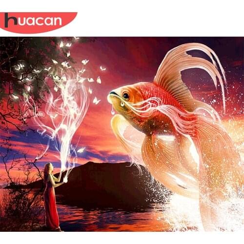 HUACAN DIY Frame Picture By Numbers Girl Figure HandPainted Wall Art Unique Gift Paint By Number Fish Childrens Room Decor