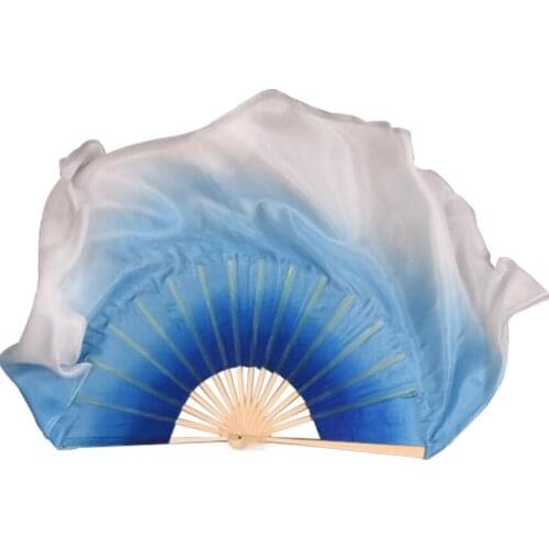 Chinese Bamboo Fan 20 Inches Real Silk Yangko Dance Fan Royal Blue Turquoise White Gradient Dance Fan Pairs (L+R)