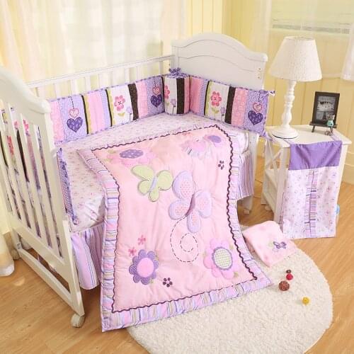 Purple Butterfly Baby Bedding Set Crib Cover Sheets Crib Skirts Bumper Household Embroidery Baby Girl Bedding