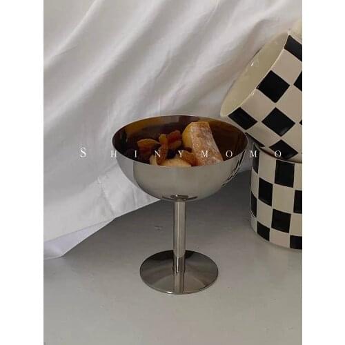 Korean Simple Stainless Steel Metal Ddry Fruit Bread Cup Ice Cream Desserts Cup Decorated With High Foot Silver Food Bowl