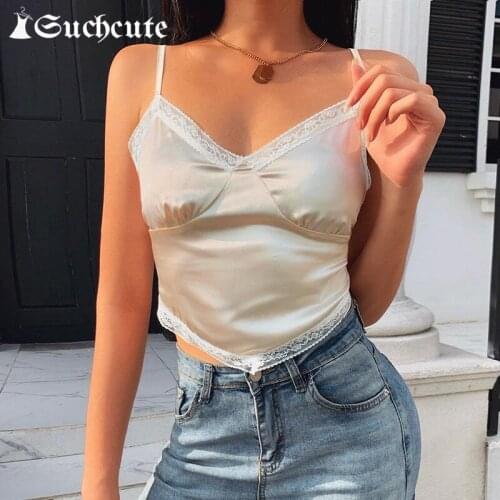 SUCHCUTE Lace Patchwork y2k Fashion Sexy Backless Womens Camisole 2021 Summer Party Clubwear V-Neck Crop Tops 90s Cute Camis