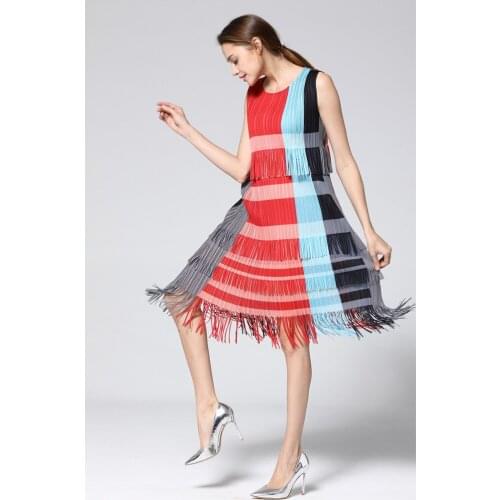 HOT SELLING Fashion Miyake fold striped dress Bohemia tassel sleeveless dress IN STOCK