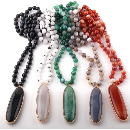 Fashion Bohemian Jewelry Agat Stones Knotted Long Drop Stone Pendant Necklaces For Women Ethnic Necklace