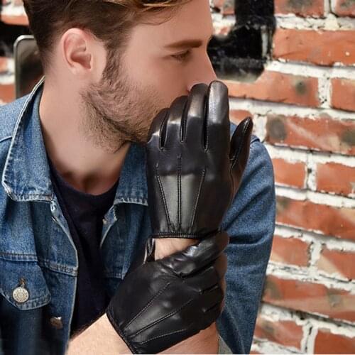 Fashion cool man unlined real sheep leather back three lines short gloves black