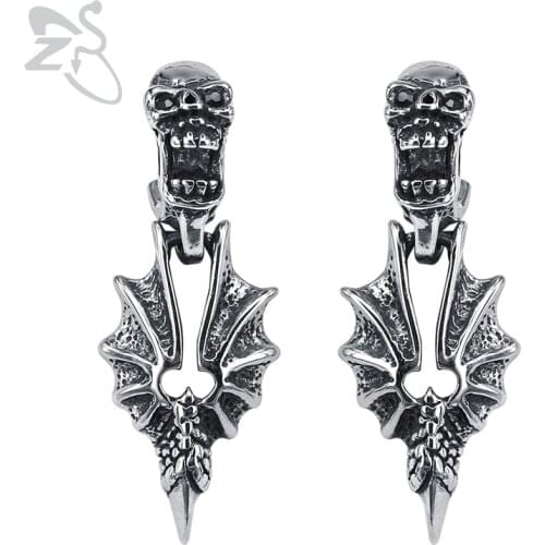 ZS Punk Mens Stainless Steel Earrings Skull & Dragon Wings Stud Earrings Rock Roll Ear Piercing Jewelry Hip Hop Accessories