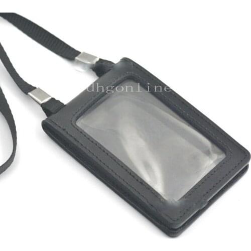 One or 2 Pcs Business ID Card Holder Badge Genuine Leather Clasp Neck Strap Lanyard Office Black