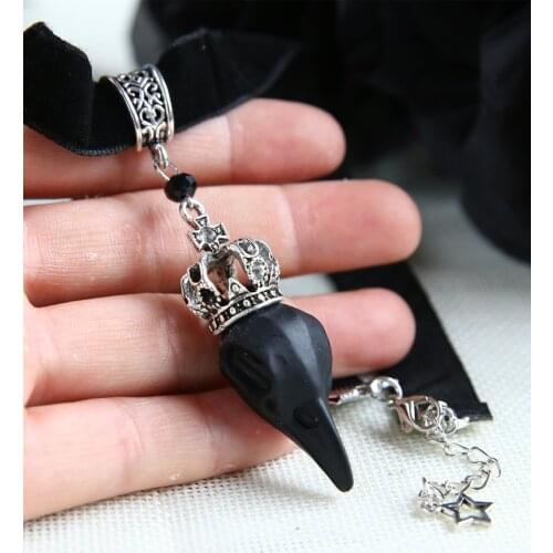 Black Raven Necklace,Skull Raven with Crown Pendant, Gothic Necklace, Crow Necklace, Witch Velvet Chocker Necklace,Raven Jewelry