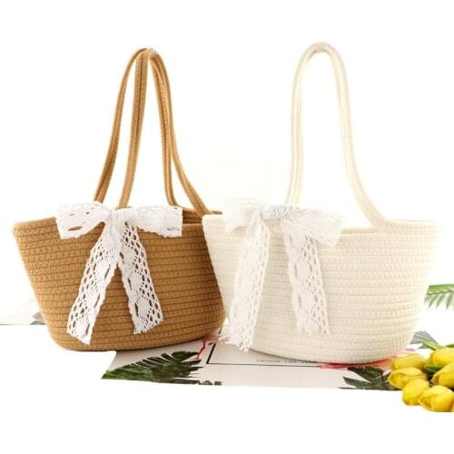 New style woven bag fashion one-shoulder womens bag open cotton rope straw woven bag leisure beach bag no lining