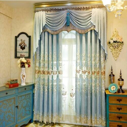 Custom curtains Nordic window blue Chenille Cutout embroidered bedroom cotton cloth blackout curtain tulle valance drape M814