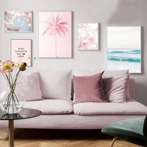 Affiches De Paysage De Mer Roses, Photos D'Art Murales, Combinaison De Palmier, Peintures Sur Toile, DéCoration De Maison Imprim