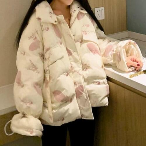 Sweet Girl Winter Padded Jacket Pink Strawberry Lantern Sleeve Gentle Coat Jacket Girls Kawaii Warm Parkas Lady Fashion Parkas