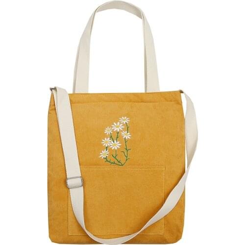 Capacity corduroy Women Shoulder Bag Embroidered Daisy Cotton Tote Shopper Bag Fashion Eco Reusable Shopping Bag Handbag Cloth