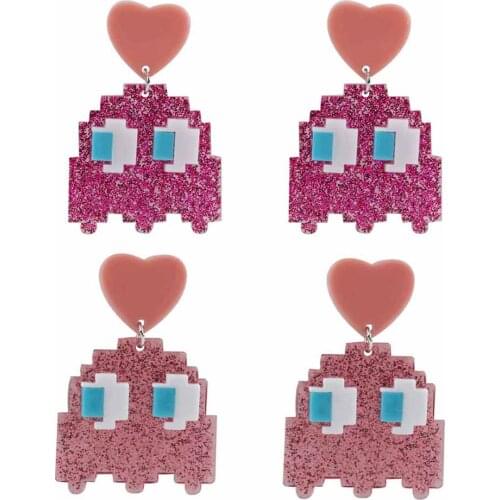 Funny Pixel Ghost Acrylic Drop Earrings for Women Girl Pink Shiny Powder Cute Dangle Earrings Pendants Punk Party Jewelry Gifts