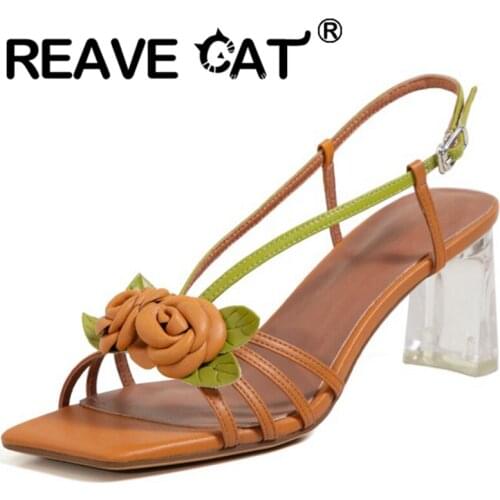 REAVE CAT 2021 Fashion Sandals Open Toe Flower Buckle Strap 6cm Slingbacks Cute Transparent Square Heel US12 Beige Yellow A4231