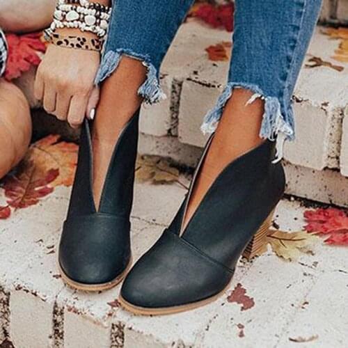 2020 New Winter Women Boots V Cutout Ankle Boots Stacked Heel Booties Fahsion Chelsea Boots PU Botas Zapatos Mujer SIze 35-43