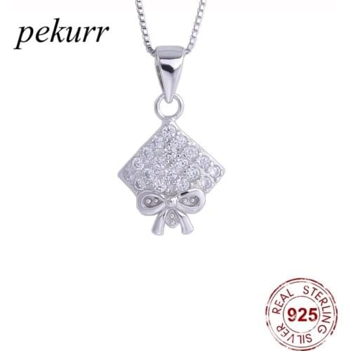 Pekurr 925 Sterling Silver Bowknot Zircon Square Necklaces For Women Crystal Geometry Pendants Choker Party Fashion Jewelry
