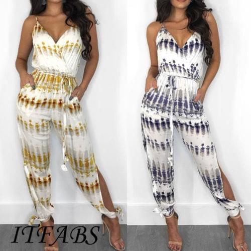 Women Bodycon Spaghetti Strap Wide Legs Jumpsuit V-neck Romper Trousers Pants