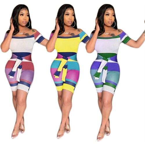 RStylish 2021 Summer Streetwear Rib Knitted Color Matching Off Shoulder Short Sleeve Slim Lace-up Womens Rompers