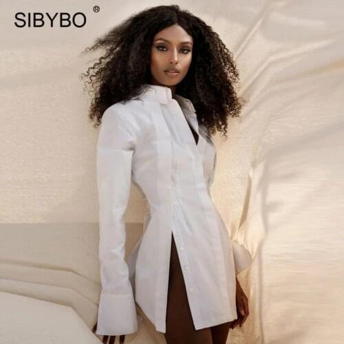 Sibybo White Turn-down Collar Shirt Dress Women Spring Autumn Long Sleeve Buttons Mini Dress Femme Sexy Bodycon Party Dresses