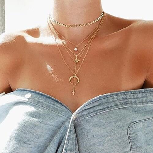 Boho Fashion Crystal Eye Sun Cross Horns Sequins Pendant Necklaces For Women Vintage Gold Necklace Multilayer Female Jewelry