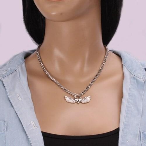 Retro Simple Silver Color Geometric Wing Heart Pendant Necklace For Women Girls Punk Jewelry Statement Party Necklaces Femme