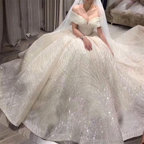 Bling Bling Light Champagne Sequins Ball Gown Wedding Dresses Bridal Gowns Luxurious Formal Women Wedding Wear 2020 Modest