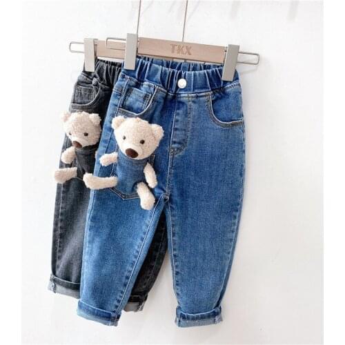 2-6 Years Winter Girls Boys Clothes Cute Cartoon Bear Jeans Pant Baby Kids Children Thick Warm Fleece Kids Girls Denim Trousers