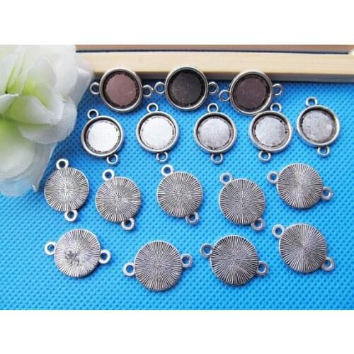 30pcs Antique Silver tone/Antique bronze Base Setting Tray Bezel Connector Charm/Finding,fit 12mm Round Cabochon/Cameo,Two Loops