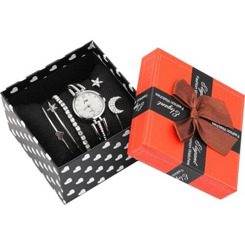 6pc/Set Silver Watch Bracelet Sets Womens Luxury Diamond Dial Bangle Quartz Watch Fashion Star Heart bling bling Open Cuff Sets