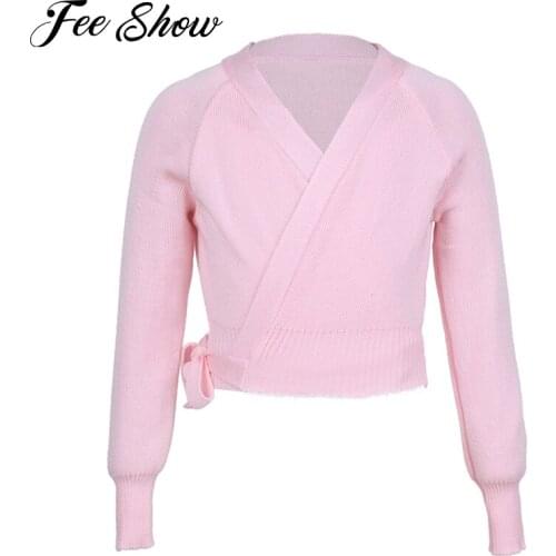 Kids Long Sleeve Ballet Gymnastics Leotard Jacket Knit Wrap Sweater Cardigan Warm-up Coat Girls Latin Ballet Dance Top