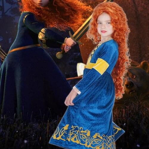 Girls Brave Merida Princess Costume Long Sleeve Dark Green Children Pageant Party Frocks Halloween Carnival Dress Up