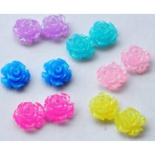 For Phone/Wedding /Craft Embellishments 11mm 100pcs/Lot Mixed Glitter Color Resin Rose Flat Back Flower Appliques