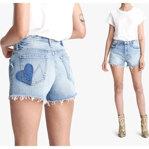Heart-Shaded Raw Edge Washed Denim Pants Shorts